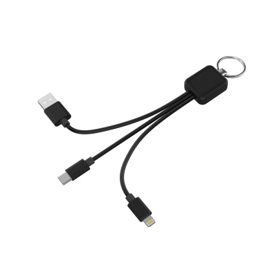Зарядный кабель-брелок 3-в-1 "Sparkle" с подсветкой логотипа, черный, пластик/металл