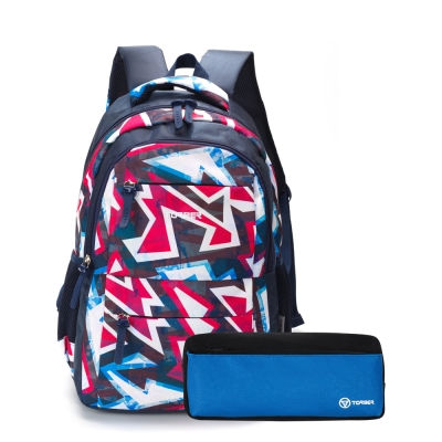 Рюкзак TORBER CLASS X, темно-синий с розовым орнаментом, полиэстер, 45 x 30 x 18 см + Пенал в подаро, синий
