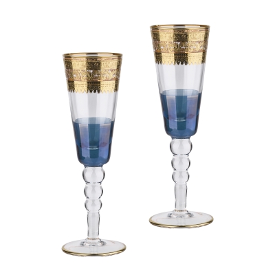 Набор для шампанского, 2 фужера, синий с золотом, стекло