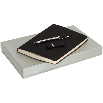 Набор Horizon, черный, черный, ежедневник - искусственная кожа; ручка - металл; флешка - пластик; покрытие софт-тач; коробка - переплетный картон