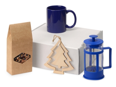 Подарочный набор с чаем, кружкой и френч-прессом «Чаепитие», синий, прозрачный, дерево, пластик, стекло, керамика