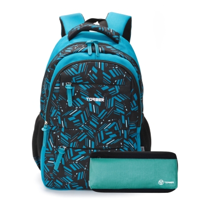 Рюкзак TORBER CLASS X, голубой с орнаментом, полиэстер, 45 x 30 x 18 см + Пенал в подарок!, голубой