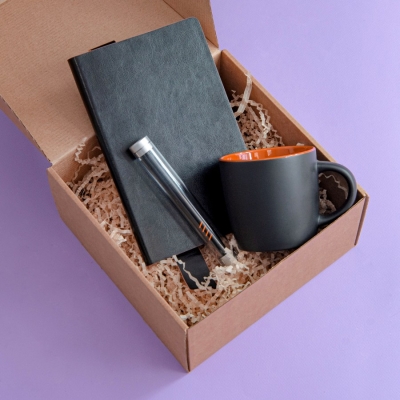 Набор подарочный DESKTOP: кружка, ежедневник, ручка,  стружка, коробка, черный/оранжевый, несколько материалов