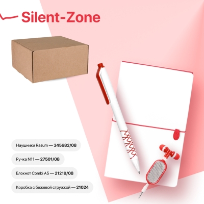 Набор подарочный SILENT-ZONE: бизнес-блокнот, ручка, наушники, коробка, стружка, бело-красный, белый, красный, несколько материалов