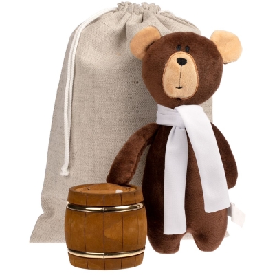 Набор «Все медведи любят мед», игрушка - велюр, полиэстер; бочонок - липа; мешок - лен