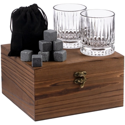 Набор Rock and Cold, стакан - стекло; коробка - дерево; мешочек - бархат; камни - камень, талькохлорит