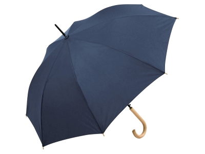 Зонт-трость «Okobrella» с деревянной ручкой и куполом из переработанного пластика, синий, полиэстер, пластик