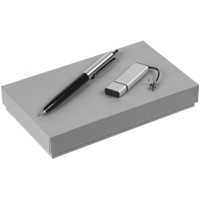 Набор Collab, серый, серый, пластик, флешка - металл, пластик; коробка - переплетный картон; ручка - металл