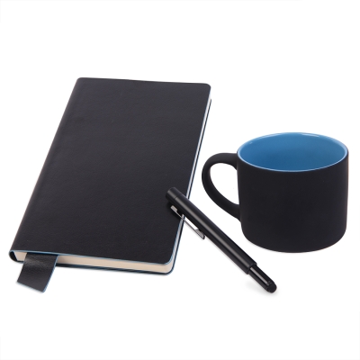 Подарочный набор DAILY COLOR: кружка, бизнес-блокнот, ручка с флешкой 4 ГБ, черный/голубой, черный, голубой, несколько материалов