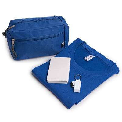 Набор подарочный GEEK: футболка XS, брелок, универсальный аккумулятор, косметичка, ярко-синий, синий, переработанный полиэстер 600d