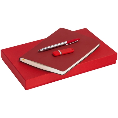 Набор Horizon, красный, красный, ежедневник - искусственная кожа; ручка - металл; флешка - пластик; покрытие софт-тач; коробка - переплетный картон