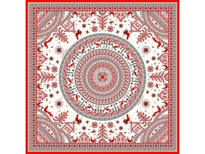 Платок «Мезенская роспись», белый, красный, вискоза, шелк