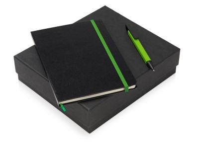 Подарочный набор «Jacque» с ручкой-подставкой и блокнотом А5, черный, зеленый, пластик, металл, картон