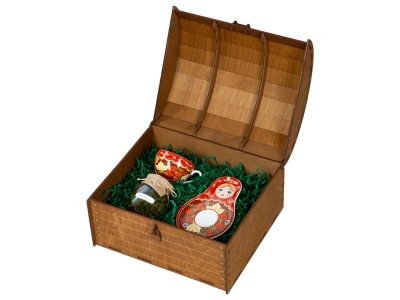 Подарочный набор: чайная пара, варенье из ели и мяты, коричневый, зеленый, красный, дерево, керамика