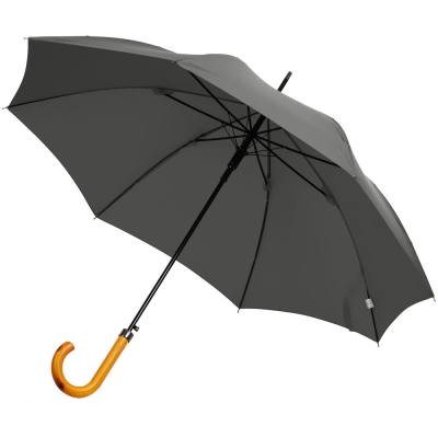 Зонт-трость LockWood, серый, серый, купол - эпонж; спицы - стеклопластик; ручка - дерево