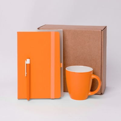 Подарочный набор JOY: блокнот, ручка, кружка, коробка, стружка; оранжевый, желтый, несколько материалов