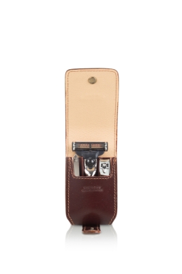 Бритвенный дорожный мини-набор Mondial : в кожаном чехле: станок, пинцет, книпсер; серебристый, коричневый