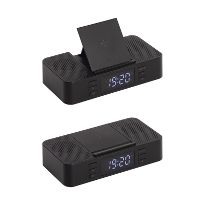 Настольные часы "Smart Box" с bluetooth колонкой (2х3Вт), беспроводным (15W) зарядным устройством и складной подставкой под смартфон, черный, пластик