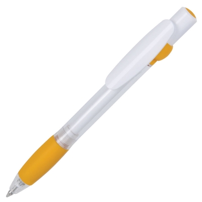 ALLEGRA SWING, ручка шариковая, желтый/белый, прозрачный корпус, белый барабанчик, пластик, желтый, белый, пластик, прорезиненная поверхность