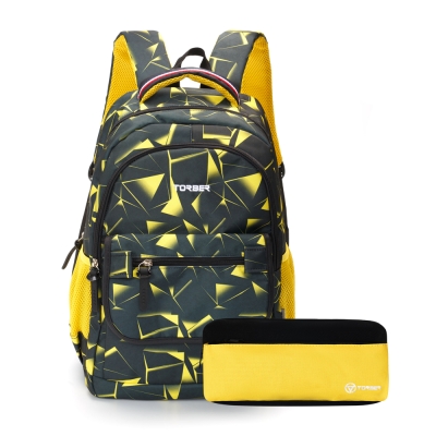 Рюкзак TORBER CLASS X, черно-желтый с орнаментом, полиэстер, 45 x 30 x 18 см + Пенал в подарок!, желтый