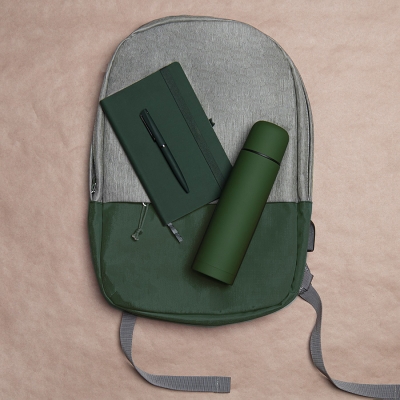 Набор подарочный HIKER: ежедневник, ручка, термос, рюкзак, зеленый, зеленый, несколько материалов