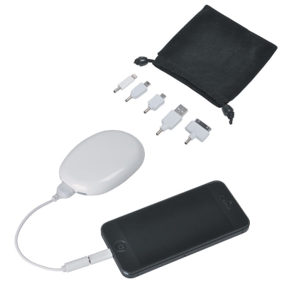 Аккумулятор "Handy" (2000мАh), в сумочке, с набором переходников и подставкой для телефона, белый, пластик