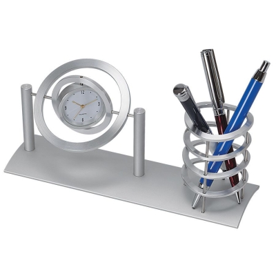 Часы "Орбита" с подставкой для ручек ; 22х6,5х11 см; металл; лазерная гравировка, серебристый, металл