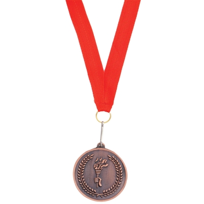 Медаль наградная на ленте "Бронза"; 48 см., D=5см.; текстиль, металл; лазерная гравировка, шелкограф, красный, коричневый, текстиль, металл