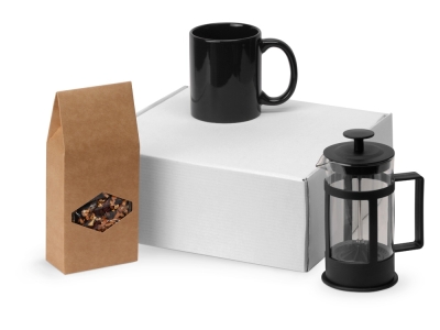 Подарочный набор с чаем, кружкой и френч-прессом «Чаепитие», черный, прозрачный, пластик, стекло, керамика