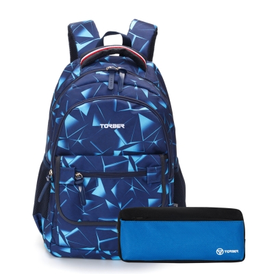 Рюкзак TORBER CLASS X, темно-синий с орнаментом, полиэстер, 45 x 30 x 18 см + Пенал в подарок!, голубой
