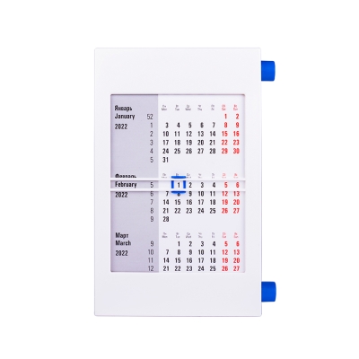 Календарь настольный на 2 года; белый с синим; 18х11 см; пластик; тампопечать, шелкография, синий, белый, пластик