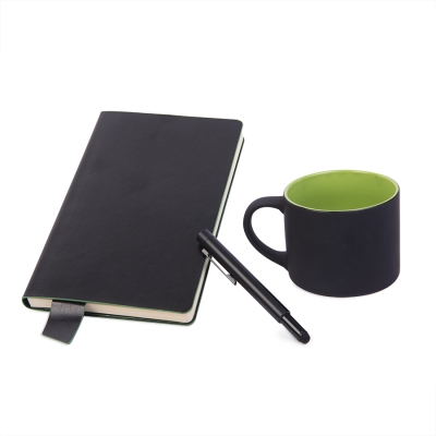Подарочный набор DAILY COLOR: кружка, бизнес-блокнот, ручка с флешкой 4 ГБ, черный/зеленый, черный, зеленый, несколько материалов