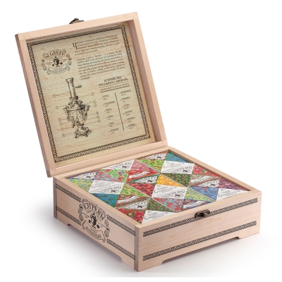 Подарочный набор Сугревъ в деревянной коробке без лого, коллекция из 9 чаёв, бежевый, дерево, чай