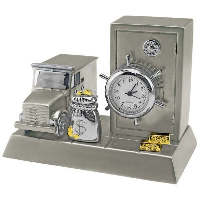 Часы "Банк"; 8,8х5,6х6,6 см; металл; лазерная гравировка, серебристый, металл