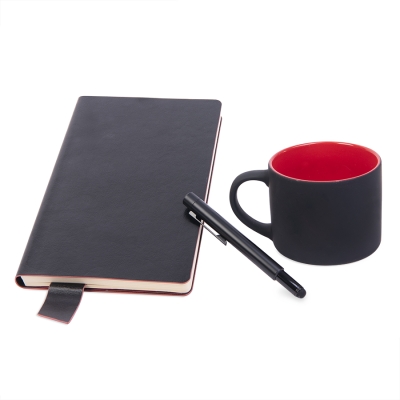 Подарочный набор DAILY COLOR: кружка, бизнес-блокнот, ручка с флешкой 4 ГБ, черный/красный, черный, красный, несколько материалов