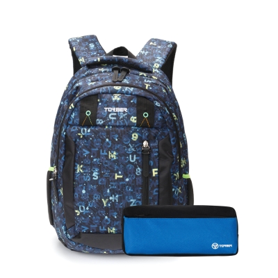 Рюкзак TORBER CLASS X, темно-синий с рисунком "Буквы", полиэстер, 45 x 32 x 16 см + Пенал в подарок!, голубой