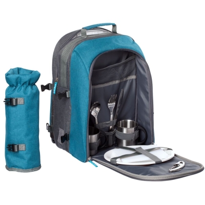 Набор для пикника Fridag на 2 персоны, серый с голубым, серый, голубой, рюкзак - полиэстер; приборы и кружки - нержавеющая сталь; разделочная доска и тарелки - пластик