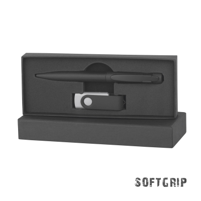 Набор ручка + флеш-карта 8 Гб в футляре, покрытие softgrip, черный, металл/soft grip