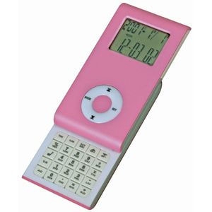 Калькулятор раздвижной с календарем и часами; розовый; 9,6х5х1,4 см; пластик; тампопечать, розовый, пластик
