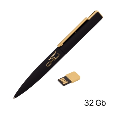 Ручка шариковая "Callisto" с флеш-картой 32GB, покрытие soft touch, черный с золотом, металл/пластик/soft touch