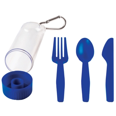 Набор "Pocket":ложка, вилка, нож в футляре с карабином, синий, 4,2х15см, пластик, синий, пластик