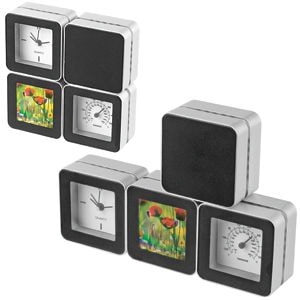 Часы с термометром и фоторамкой "Трансформер"; 11,8х3,3х11,8 см; пластик; тампопечать, серебристый, черный, пластик