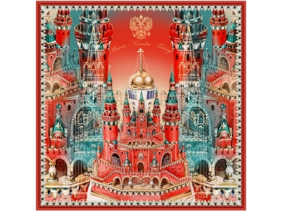 Платок «Кремль - Москва - Фаберже», красный, вискоза, шелк