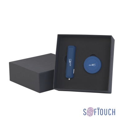 Набор автомобильное зарядное устройство "Slam" + магнитный держатель для телефона "Allo" в футляре, покрытие soft touch, синий, металл/пластик/soft touch