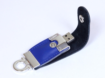 USB 2.0- флешка на 64 Гб в виде брелока, синий, кожа
