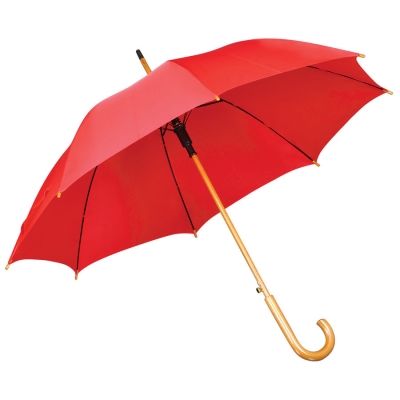 Зонт-трость с деревянной ручкой, полуавтомат; красный; D=103 см, L=90см; 100% полиэстер, красный, 100% полиэстер, плотность 190 г/м2
