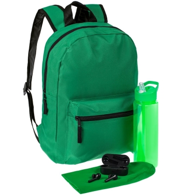 Набор Basepack, зеленый, зеленый, плотность 190 г/м², 5%, наушники - пластик; рюкзак - полиэстер, 600d; бутылка - пластик; шапка - хлопок 95%; лайкра