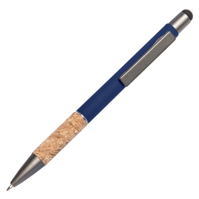 Ручка шариковая FACTOR GRIP со стилусом, синий/темно-серый, металл, пластик, пробка, софт-покрытие