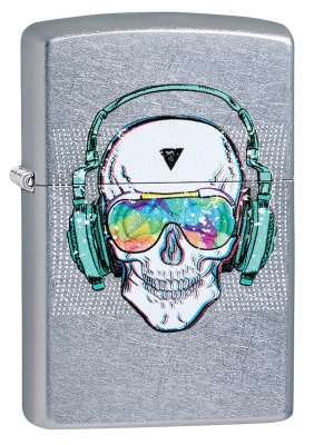 Зажигалка ZIPPO Skull Headphone с покрытием Street Chrome™, латунь/сталь, серебристая, 38x13x57 мм, серебристый