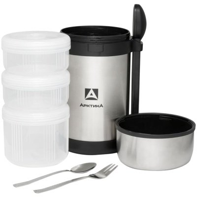 Термос для еды с контейнерами «Арктика 1500», стальной, серый, корпус - нержавеющая сталь; контейнеры - пластик